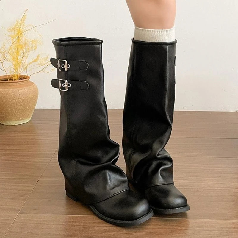 French Chic Women Foldover Knee High Boots Slouchy Wedge Slip On Shoes Black Khaki Round Toe Buckle Strap Moto Boots