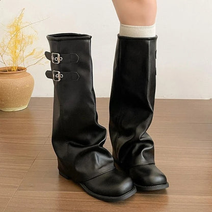 French Chic Women Foldover Knee High Boots Slouchy Wedge Slip On Shoes Black Khaki Round Toe Buckle Strap Moto Boots