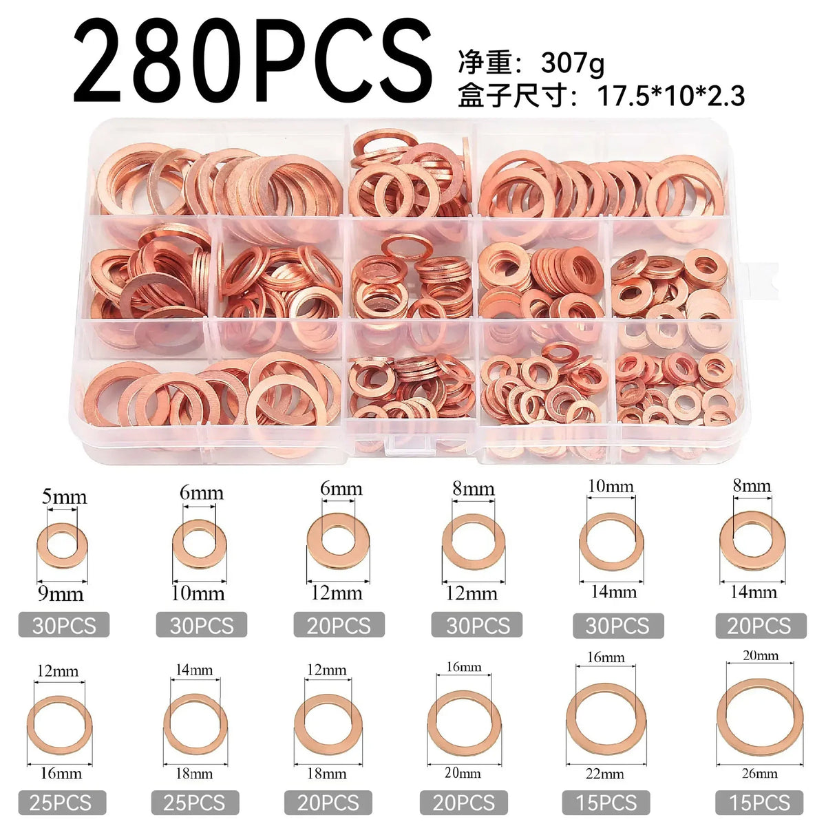 400/300/280/200/100pcs Copper Washers O Ring Copper Gaskets Flat Ring Seal Kit M5 Seal Combination Kit for Oil Pan Plugs