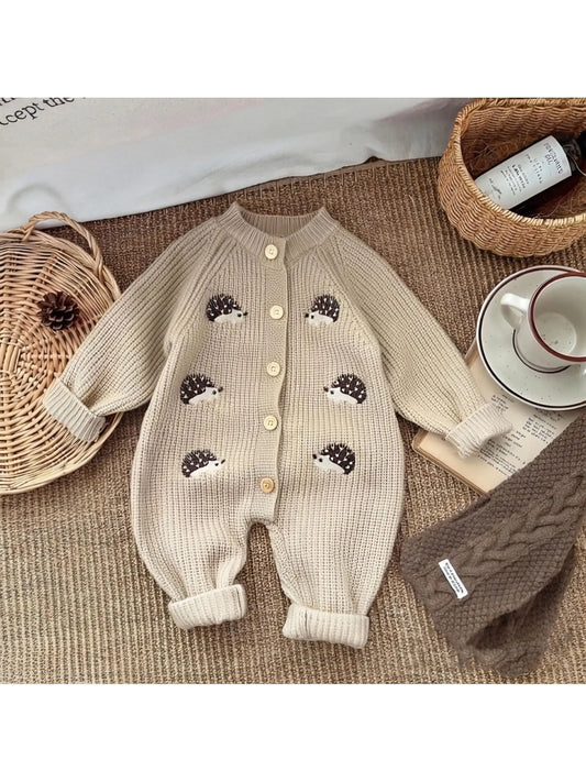 Korean-Style Spring and Autumn Clothing, Baby Knitted Jumpsuit, Super Cute Little Hedgehog 100-Day Knitted Crawling Suit for Going Out