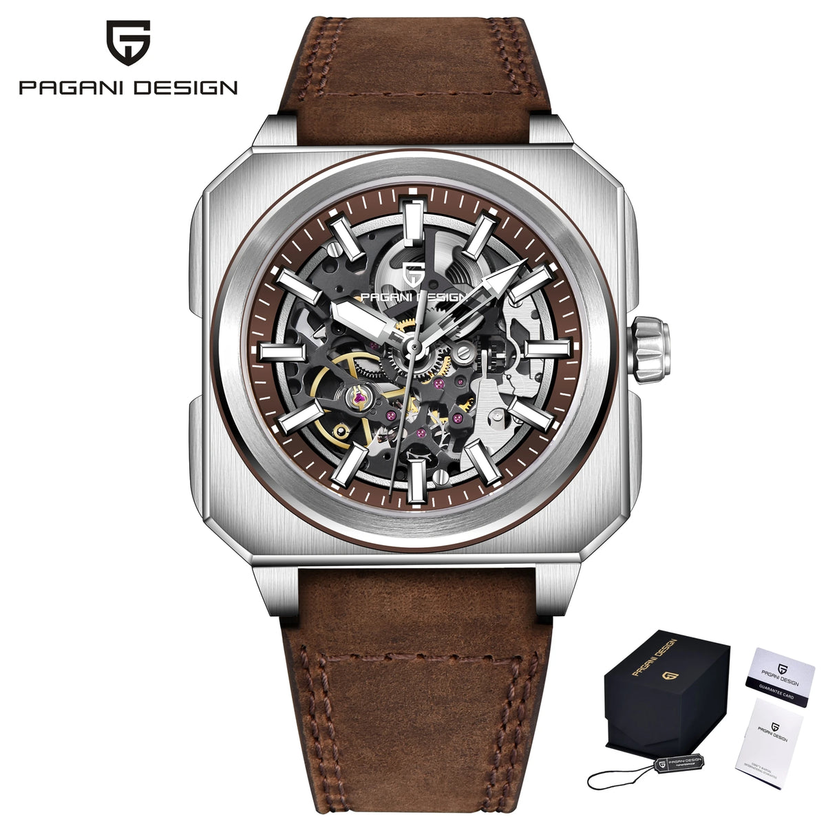 PAGANI DESIGN Sports Square Men's Mechanical Automatic Watch, Waterproof Skeleton Retro Leather Outdoor Sports Luminous Gift Men