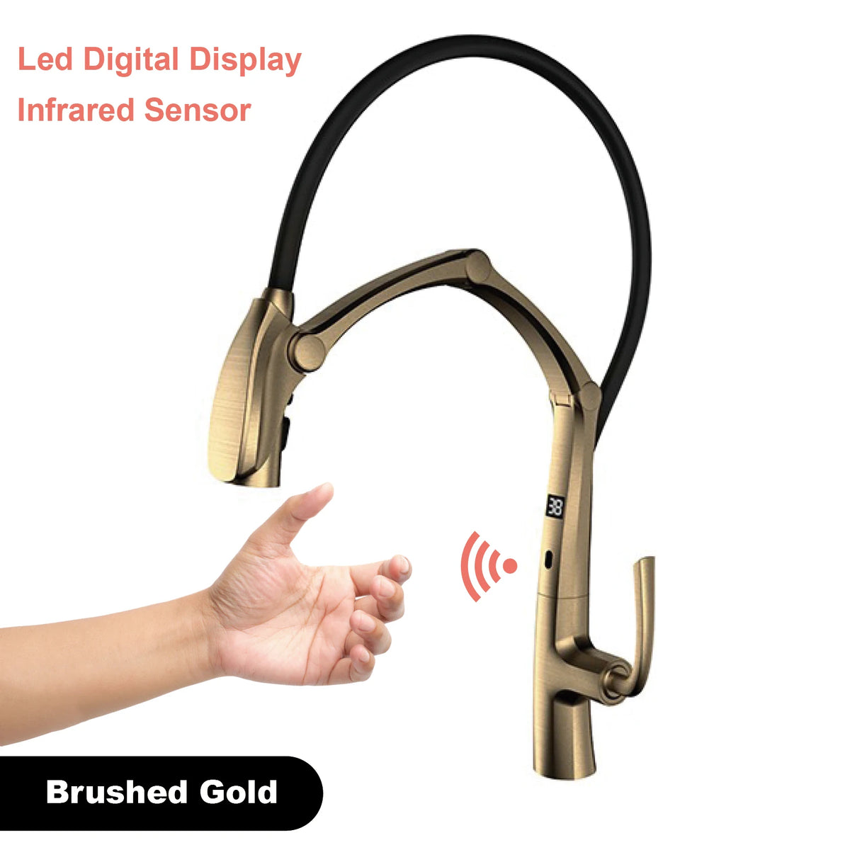 Luxury Gunmetal Brass Kitchen Faucet with LED Display,Sensor&Pull-Out 3-Function Spray,Touchless High Pressure Water-Saving Tap