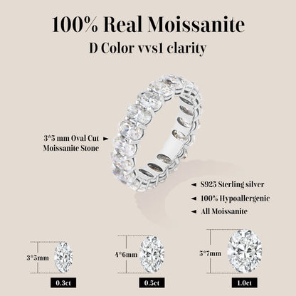 ATTAGEMS 3*5mm Oval Cut Full Moissanite Eternity Rings for Women Men S925 Sterling Silver Jewelry Elegant Stackable Wedding Ring