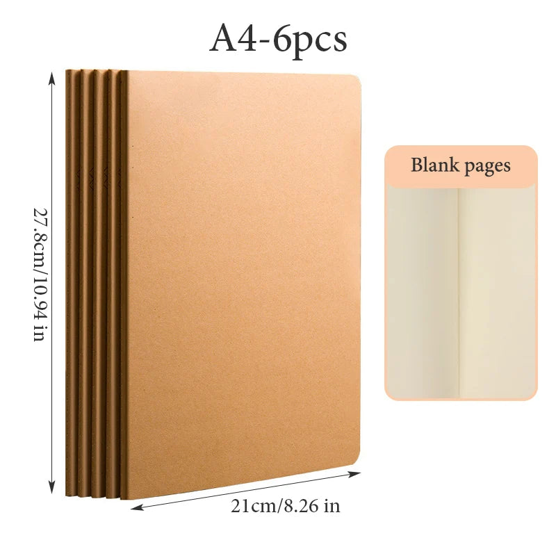 6 pcs A4 Kraft Paper Notebook,36 Sheets 72 Pages/Book Horizontal Line Blank Grid Inner Page Student Learning Testbook QP-66