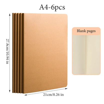 6 pcs A4 Kraft Paper Notebook,36 Sheets 72 Pages/Book Horizontal Line Blank Grid Inner Page Student Learning Testbook QP-66