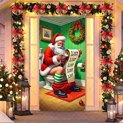 Christmas Humorous Santa Claus And Elk Door Banner Party Decorations Indoor Outdoor Veranda Door Cover Supplies Festive Gifts