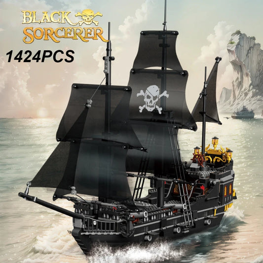 1424PCS Black Pirate Ship Building Blocks Skeleton Ghost Boat Model Assembly Bricks Toys Desktop Decoration Adult Holiday Gifts