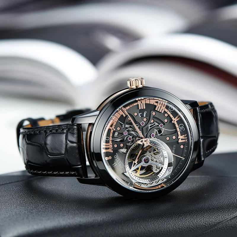 OBLVLO Luxury Retro 45mm Dial Skeleton Automatic Watches For Men Calfskin Strap Mineral Crystal Waterproof Mechanical Watch VM