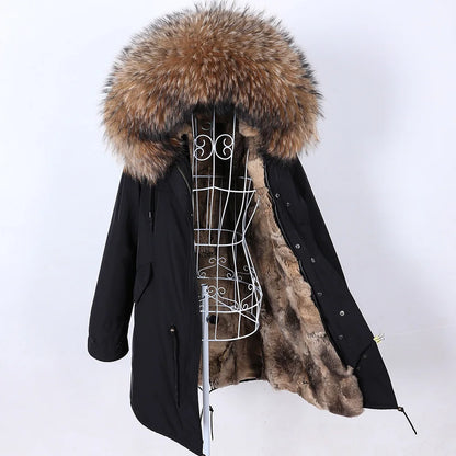 2026 Maomaokong Women's Winter Coats Rabbit Lining Jacket Natural Real Raccoon Fur Collar Parka Fox Fur Long Female Clothing
