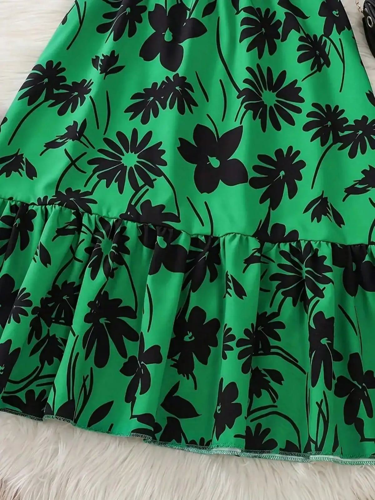 Chic teenage girl green floral long skirt with belt - casual round neck ruffle sleeves, perfect for summer, teenage jumpsuit