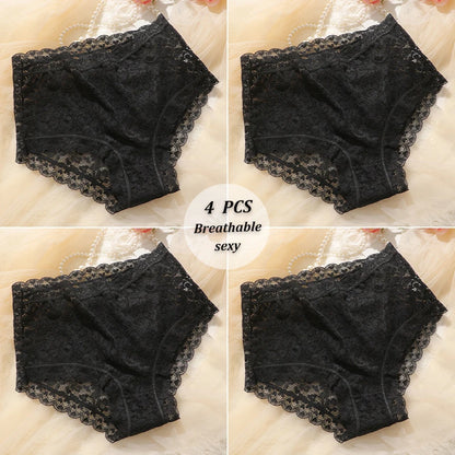 4PCS/SET Women Soft Lace Panties Breathable High Waist Underwear Hollow Sexy Lingerie Floral Solid Color Transparents Briefs New
