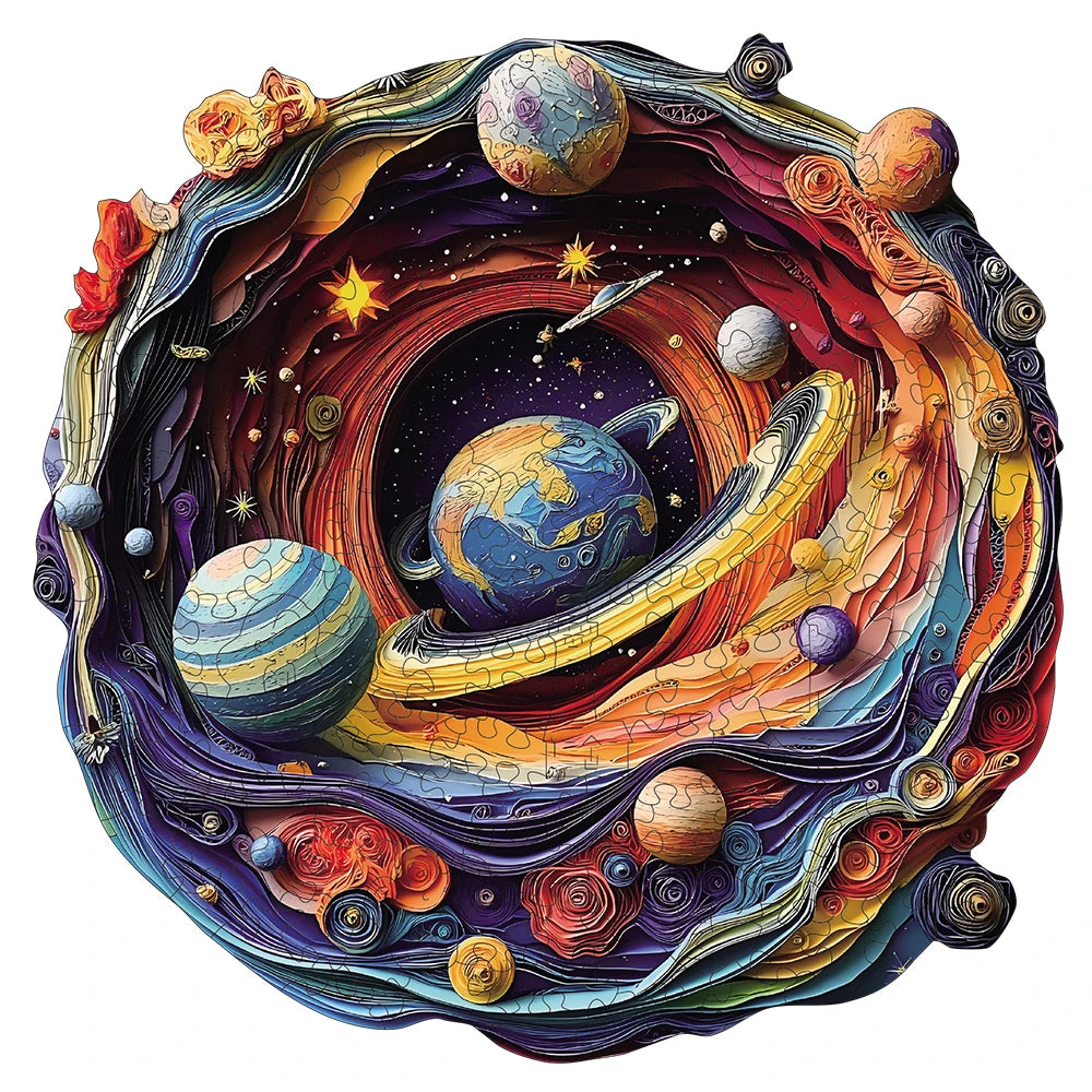 High difficulty wooden space puzzle depicting a colorful representation of planets and galaxies.