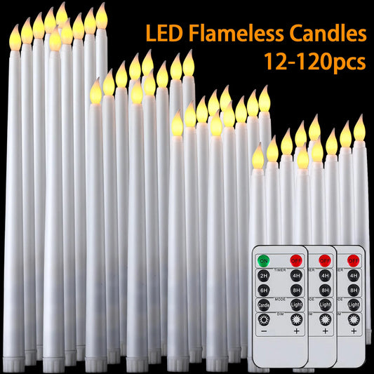 12-120Pcs LED Taper Candles Wedding Flameless Candles Battery Powered Candles with Timer Christmas Valentine's Day New Year