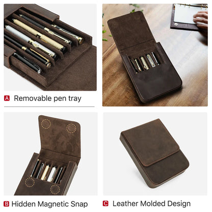 Luxury Genuine Leather 6 Slots Pen Case With Removable Pen Tray Holder Pencil Case Office School Supplies Pouch Creative Gift