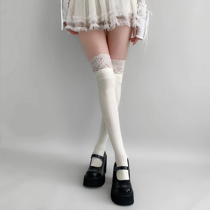 Women's Lace Trim Over the Knee Socks Lolita Ruffle Top Thigh High Stockings Japanese Style Knit Long Socks Casual Slouch Socks