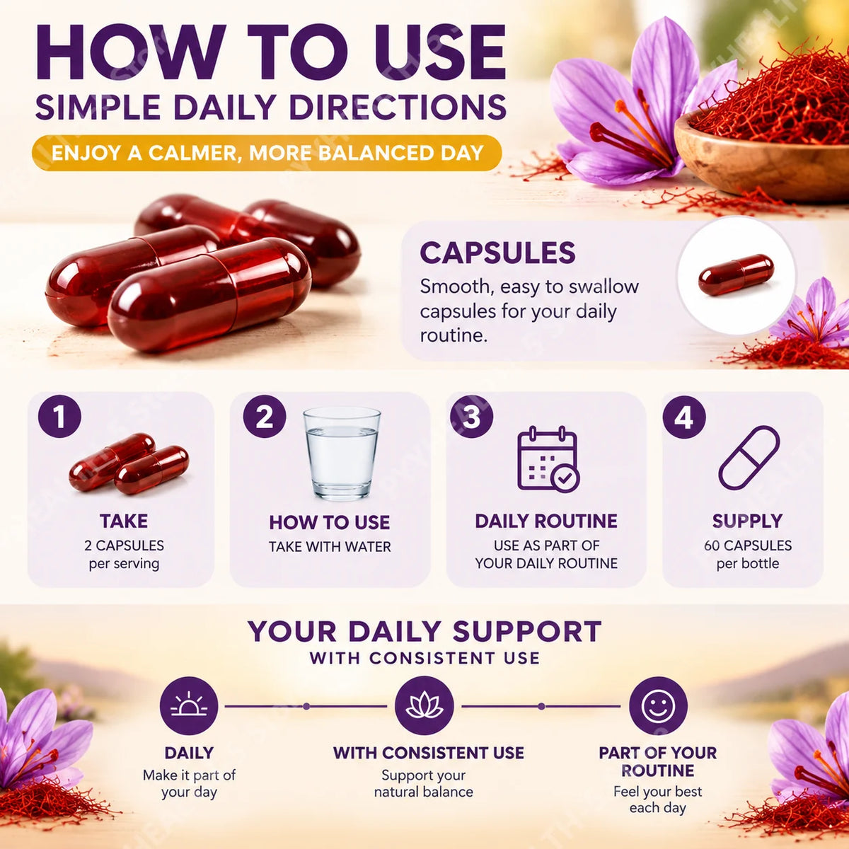 Saffron Extract Capsules for Mood Relaxation 100mg Per Serving High Safranal Saffron Raise Sleep Quality Stress Relief 60 Count