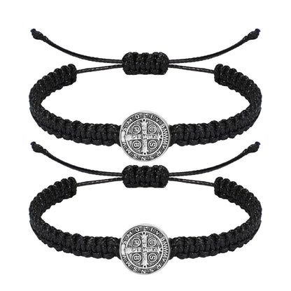 2 Pcs Catholic Saint Benedict Medal Bracelets Adjustable Black and Red String Bracelets Religious Jewelry Gifts for Men Women