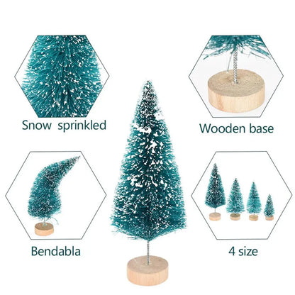 8PCS Mini Christmas Pine Tree Decorations with Wooden Base Sisal Silk Bottle Brush Trees For Xmas Party Happy New Year
