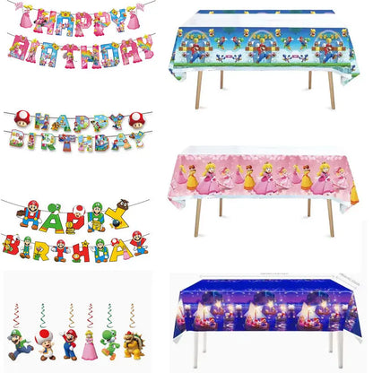 Mario Luigi Peach Princess Yoshi Toad Cake Insertion Cards Banner Spiral Tablecloth Mario Theme Birthday Party Carvinal Props