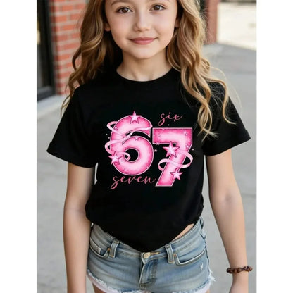 Children's 67 Christmas Elf Print Girls Short Sleeve Round Neck Tee Parties Casual Wear Comfort Children Clothes Girl Clothing