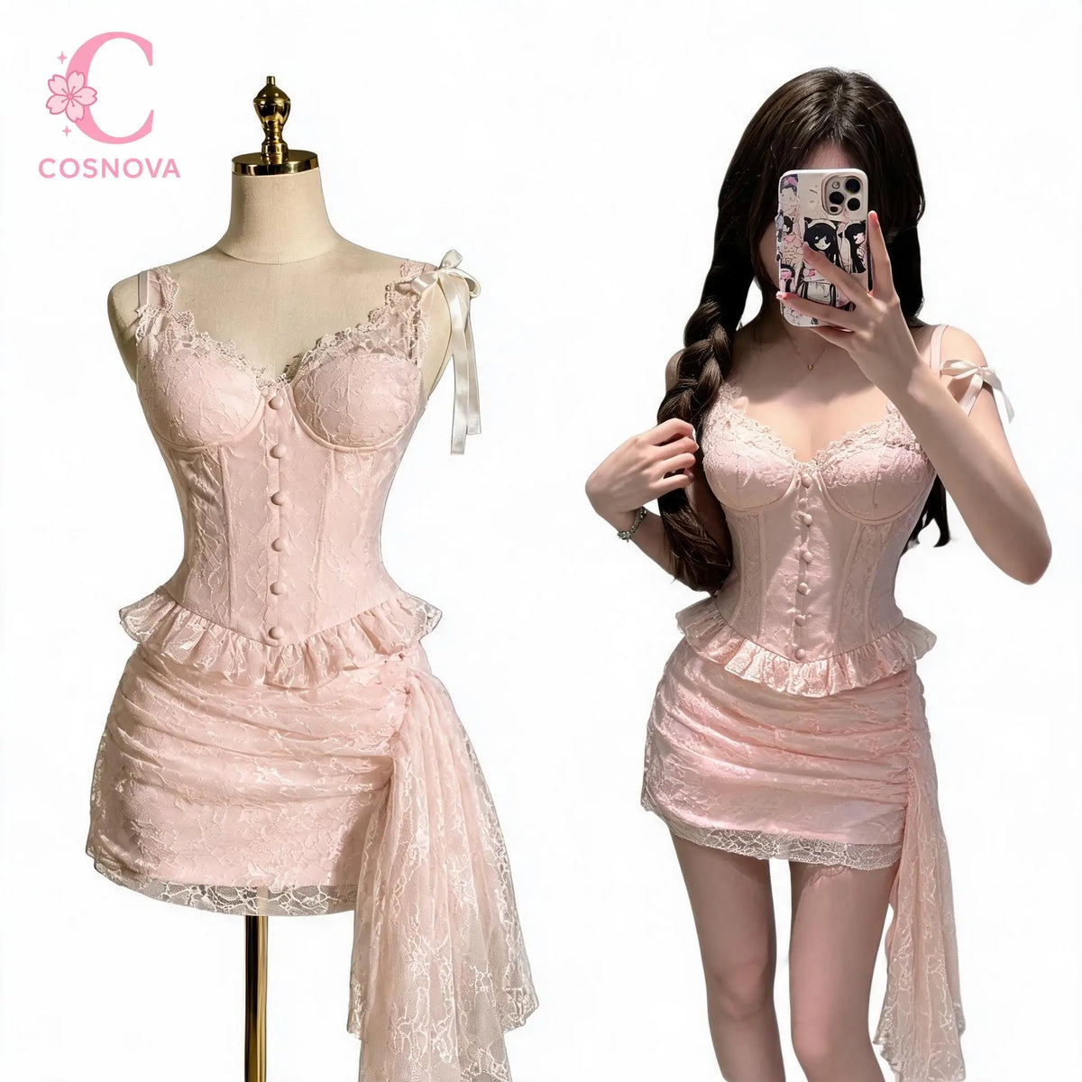 Sweet Coquette Sexy Light Pink Lace Ruffle Cami Top & Asymmetric Bodycon Skirt 2 Piece Set For Women Girls Club Party Daily Wear