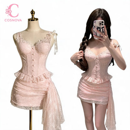 Sweet Coquette Sexy Light Pink Lace Ruffle Cami Top & Asymmetric Bodycon Skirt 2 Piece Set For Women Girls Club Party Daily Wear
