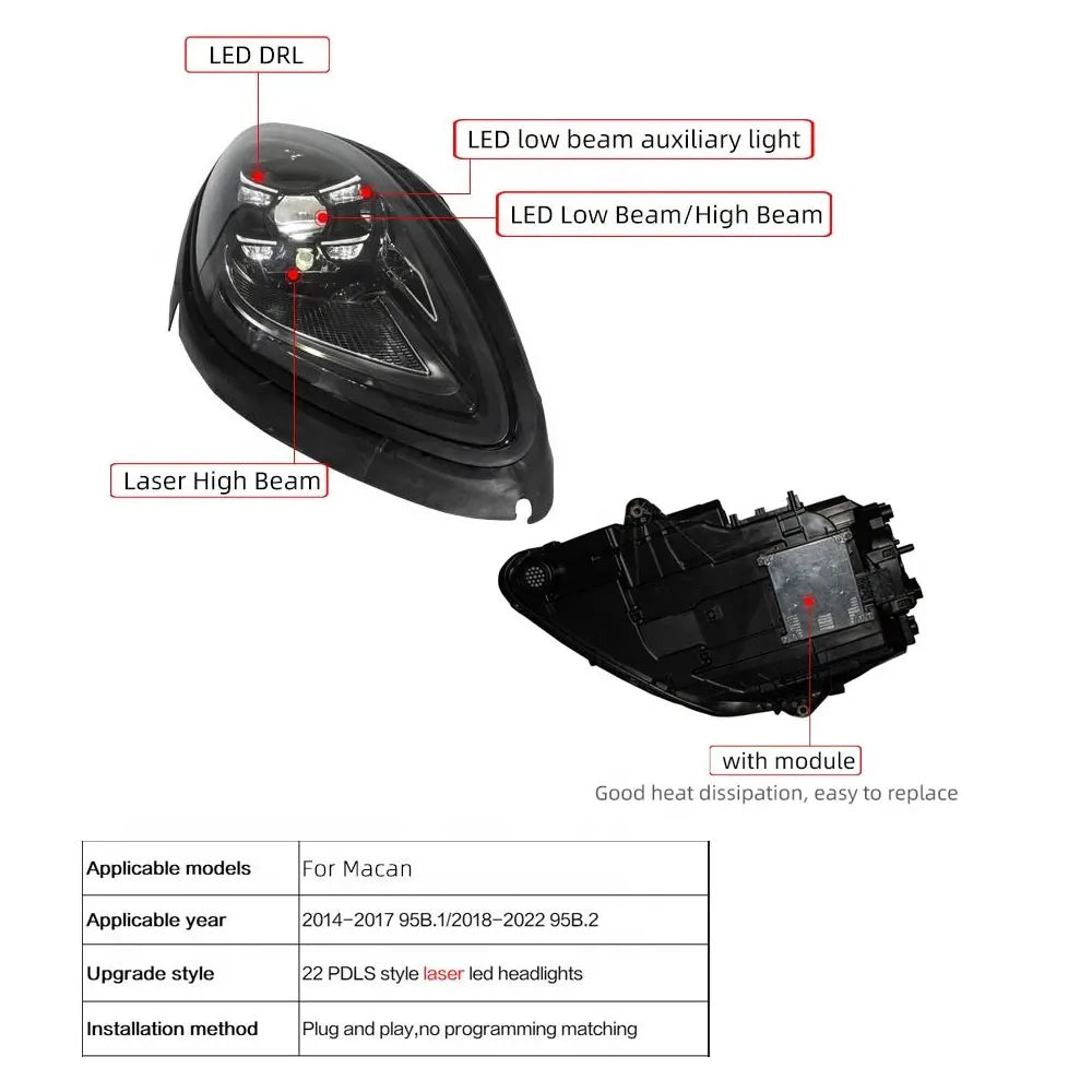 For Porsche Macan 95B 2014-2023 Headlamp Assembly Upgrade to 2023 Matrix Style PDLS Laser LED Headlights Plug & Play Light Kit
