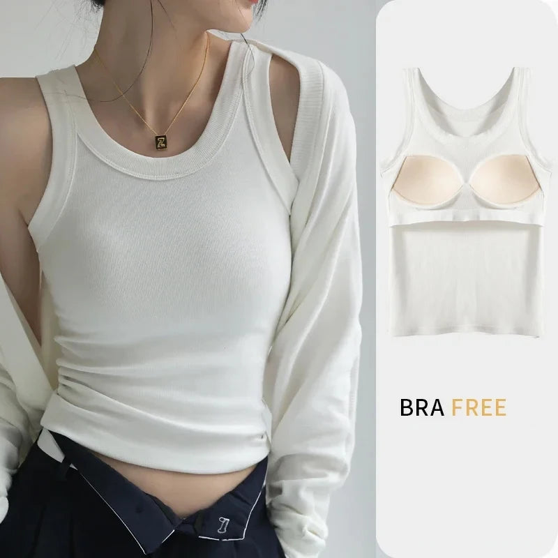 Seamless Built-in Bra Tank Top for Women Wirefree Sports Bra Summer Sleeveless Shirt, Breathable Workout Vest with T-Shirt Combo