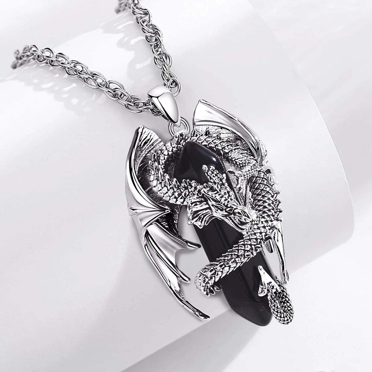 Eudora Dragon Twining Hexagonal Obsidian Prismatic Necklace Punk Healing Stone Crystal Pendant Personality Jewelry Gift for Man