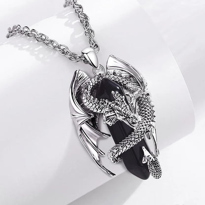 Eudora Dragon Twining Hexagonal Obsidian Prismatic Necklace Punk Healing Stone Crystal Pendant Personality Jewelry Gift for Man