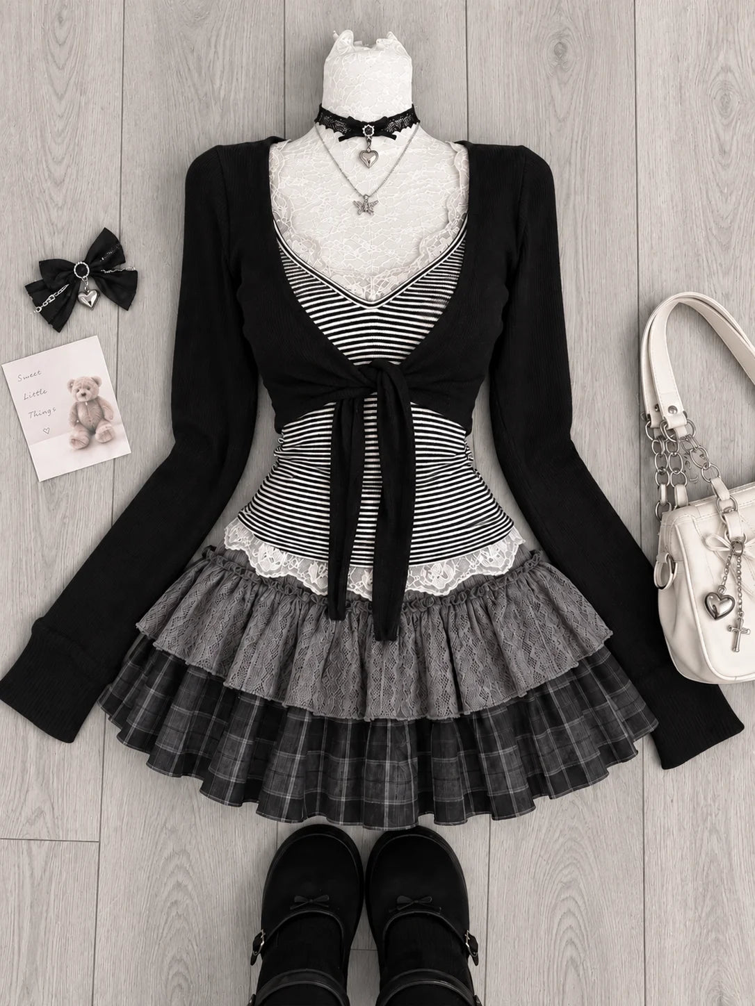 Sweet Lolita Lace Up Ruffles Cardigan+ Sexy Slim Fit Strapless Vest Tops+ High Waist Ruched Skirts Early Autumn Three Piece Sets