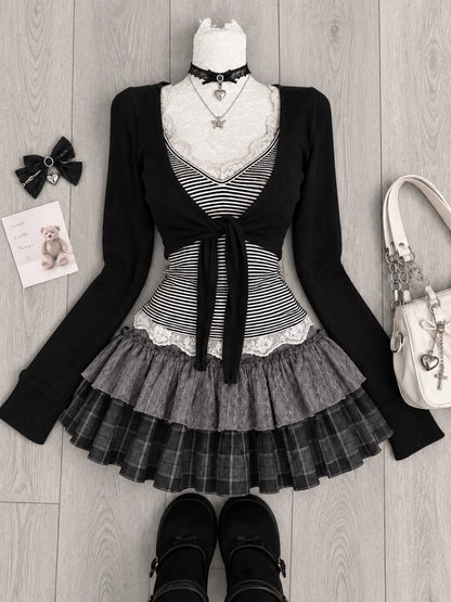 Sweet Lolita Lace Up Ruffles Cardigan+ Sexy Slim Fit Strapless Vest Tops+ High Waist Ruched Skirts Early Autumn Three Piece Sets