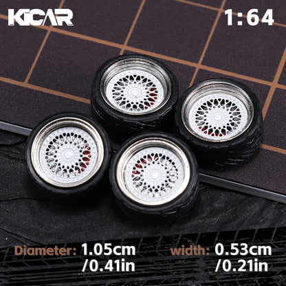 Kicarmod 1/64 10.5mm Alloy Model Wheels with Magnetic Hub Caps-with Rubber Tires for Tomica Custom Diecast Cars