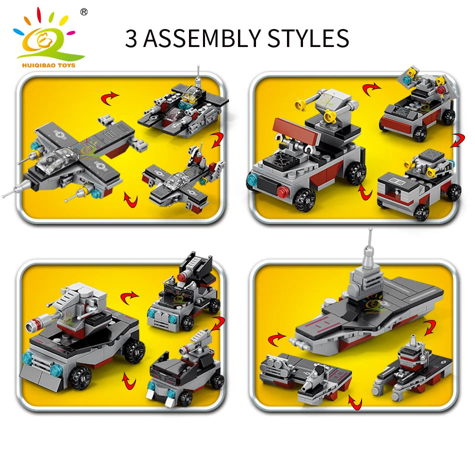 HUIQIBAO 562pcs 8in1 Military Ship Aircraft Cruiser Building Blocks Army Weapon Warship Truck Bricks City Toy for Children Gift