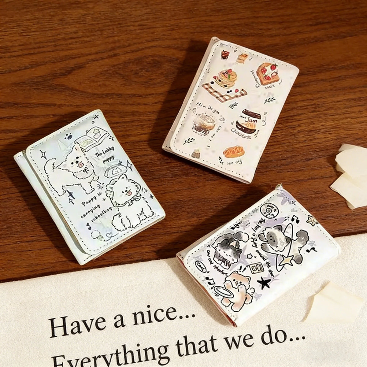 BUYLEMO Cartoon Illustration Snap Button Short Wallet, Kawaii PU Leather Multi-Card Slot Card Holder