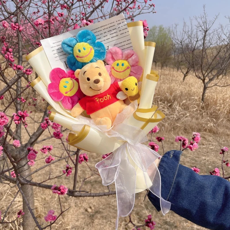 Genuine Winnie The Pooh Stitch Pikachu Plush Dolls With Sunflowers Creative Flower Bouquets Christmas Birthday Gifts For Girls
