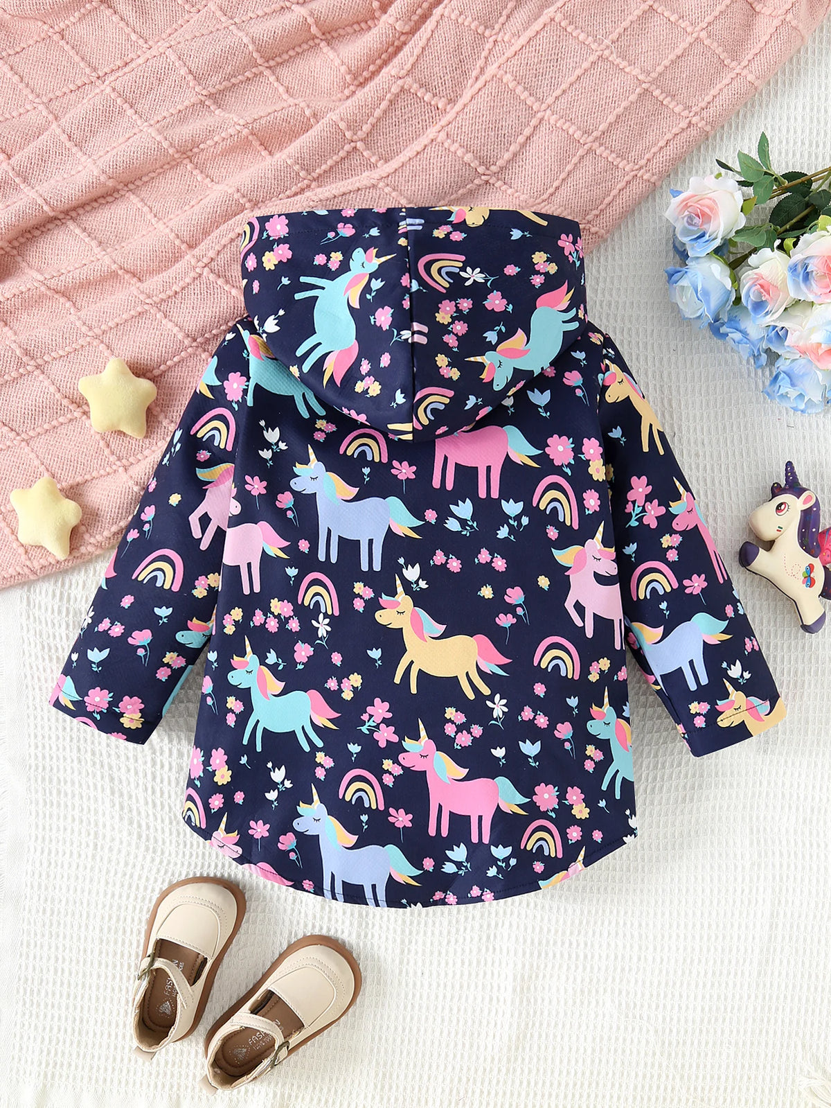 Autumn And Winter Girls' Unicorn Flower Printed Jacket With Plush Insulation Long Sleeved Casual Hooded Jacket