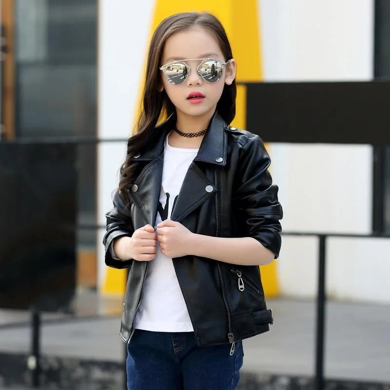 3-12 Years Old Girls Faux Leather Jacket Children PU Coat Long Sleeve Zip Belt Locomotive Jacket Stylish Teen Kids Boys Jackets