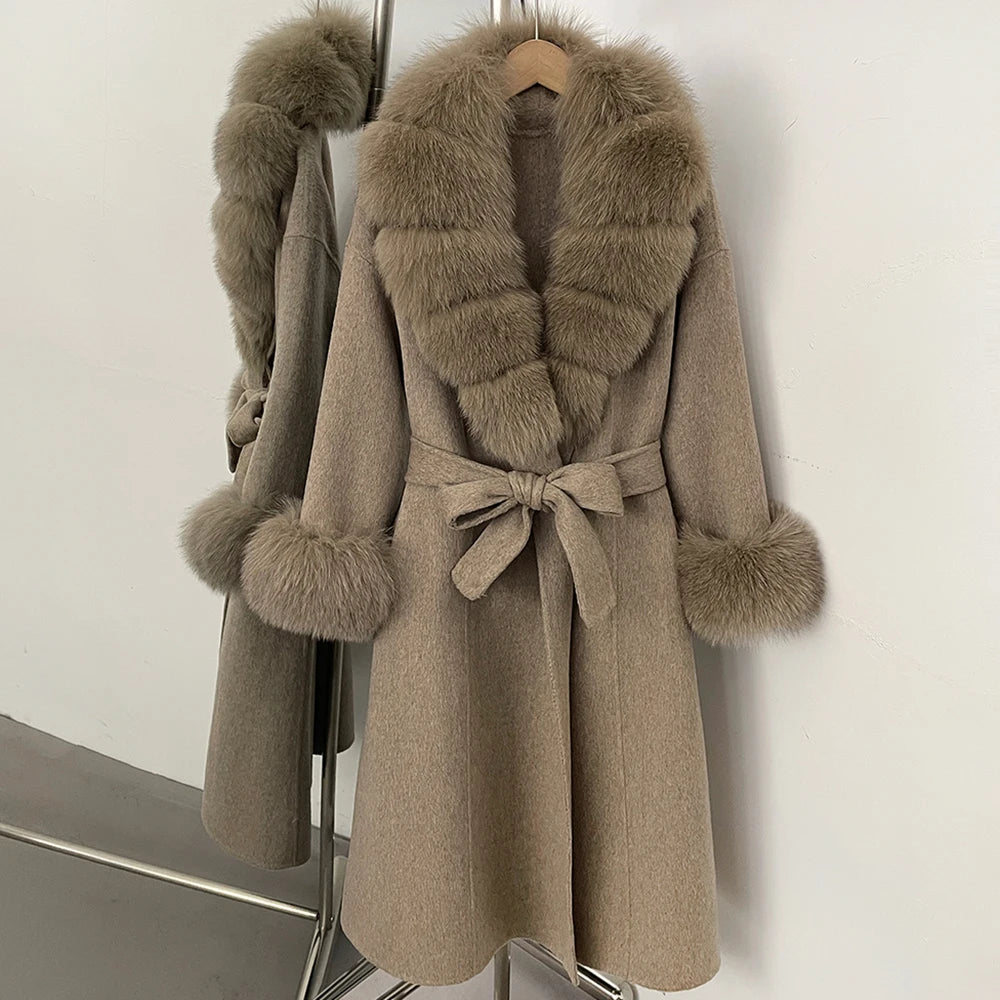 OFTBUY New Luxury Winter Clothes Outerwear Women Mid-Length 100% Wool Coat Real Fox Fur Collar Belted Wrap Woolen Jacket Female