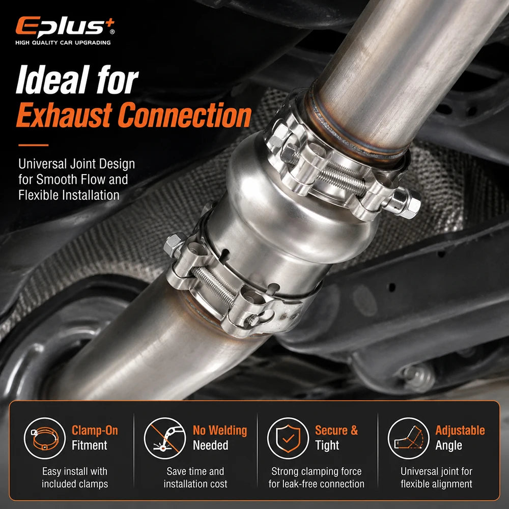 EPLUS Car Exhaust Pipe Stainless Steel Universal Connector Adjustable Swivel Joint Pipe Clamp-On Design No Welding Needed