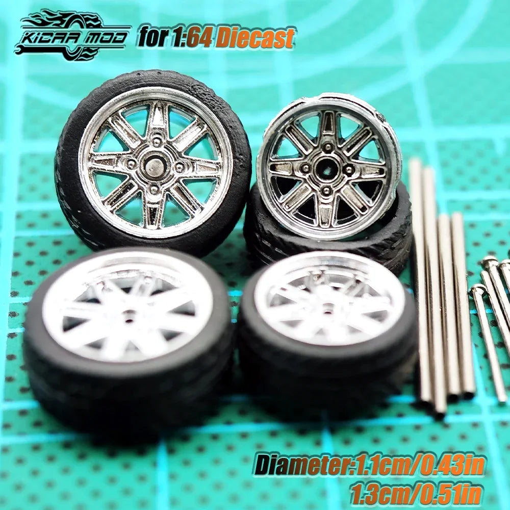 Kicarmod 1/64 Model Car ABS Wheels with Rubber Tire Metal Rims Front Small Rear Large Refitting Parts For Model Car