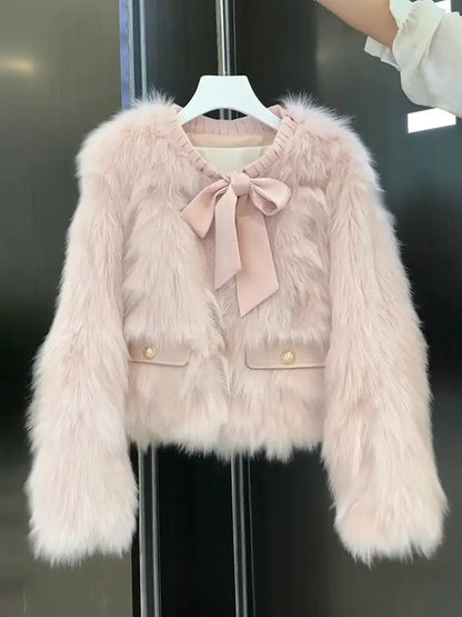 Winter Pink Eco-Friendly Fox Hair Women's Short Fringed Edge Design Age-Reducing Jacket Furry Top Faux Fur jacket For Lady