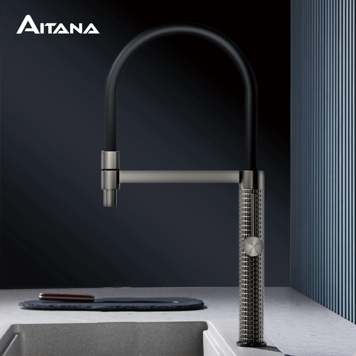 AITANA Gun Gray Luxury Brass Kitchen Faucet Single Handle Cold and Hot Dual Control Modern Design Simple Black Sink Faucet