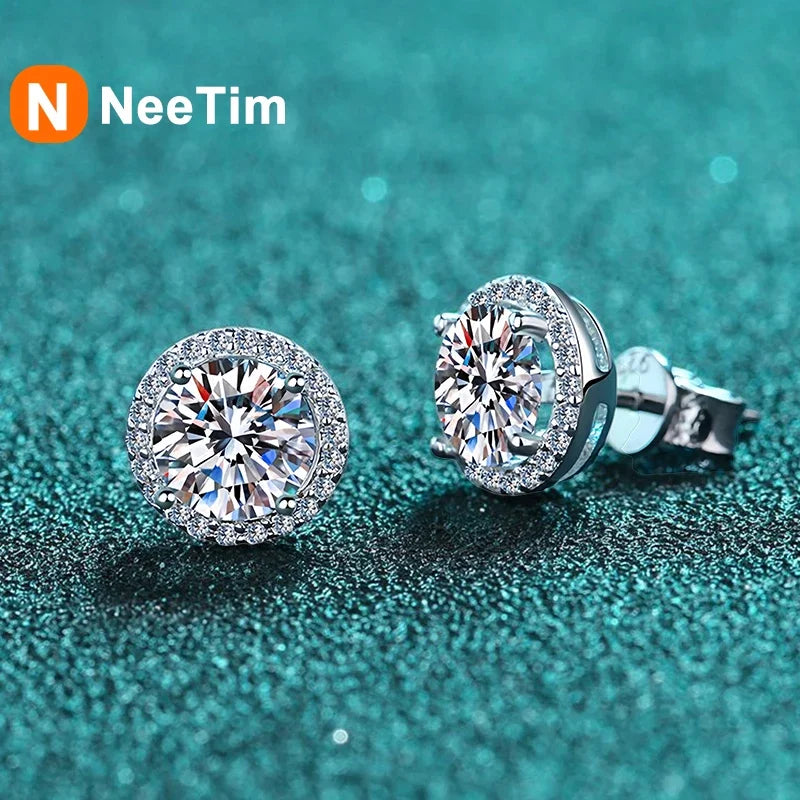NeeTim Moissanite Stud Earrings for Women S925 Sterling Silver with White Gold Plated Earring Ear Studs Wedding Fine Jewelry