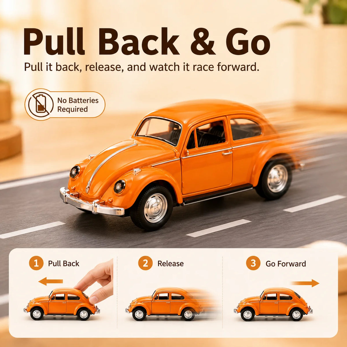 MQUDUO 1:36 Orange Classic Beetle Style Diecast Car Model, Pull Back Vehicle with Openable Doors and Detailed Interior for Decor