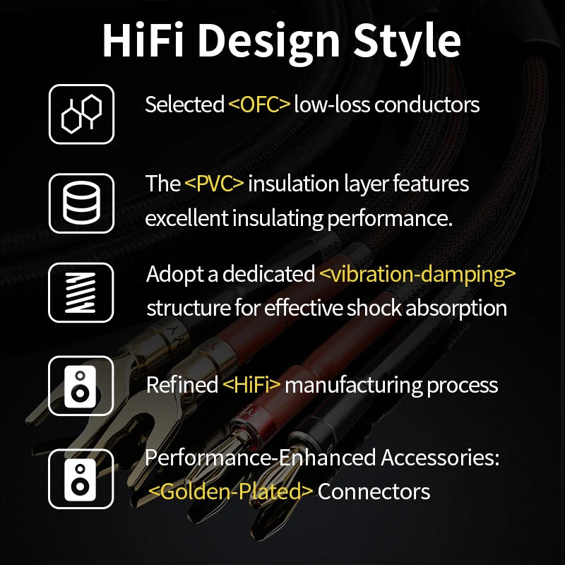 One Pair HiFi Speaker Cable High-end Audio Amplifier Cable High Purity Oxygen-free Copper With Banana 24K Gold Plug Y Plug Cable