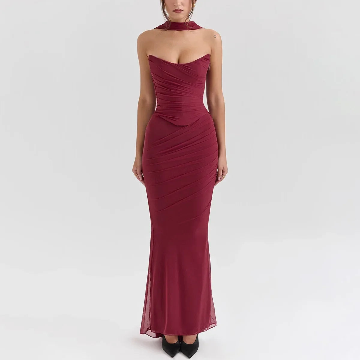 BWQ Elegant 2 Pieces Dress Set with Scarf Women Fashion Matching Sets Sexy Cropped Top and Long Dress Set Casual Dress 2026