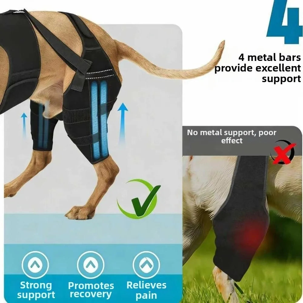 Adjustable Dog Knee Brace Anti-Licking Comfortable Fit Elbow Protection Cover Black with 4 Stabilizers Dog Rear Leg Brace