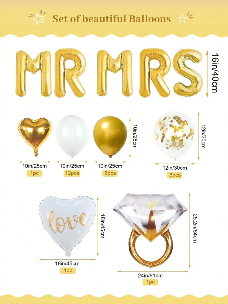 32pcs Gold Engagement Party Decorations, Heart Shaped Love Balloons, Gold Engagement Rings, Bachelorette Wedding Bridal Shower
