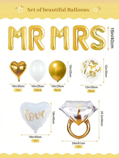32pcs Gold Engagement Party Decorations, Heart Shaped Love Balloons, Gold Engagement Rings, Bachelorette Wedding Bridal Shower